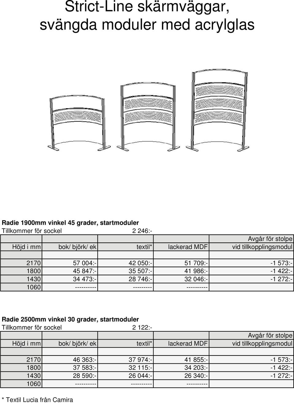 1060 ---------- --------- ---------- Radie 2500mm vinkel 30 grader, startmoduler Tillkommer för sockel 2 122:- 2170 46 363:- 37