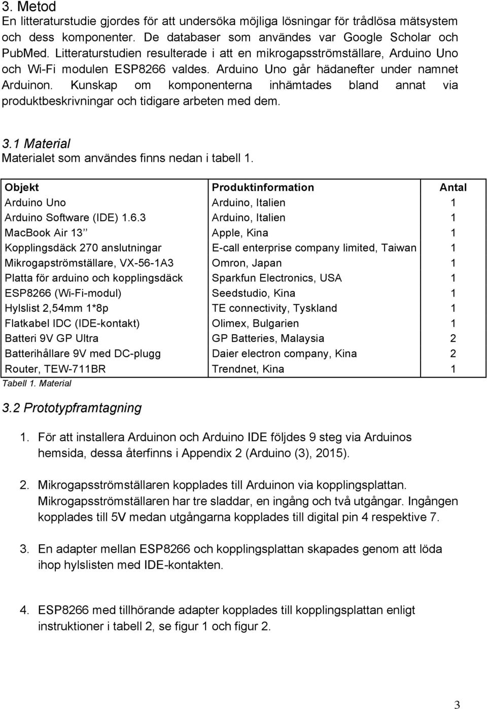 Kunskap om komponenterna inhämtades bland annat via produktbeskrivningar och tidigare arbeten med dem. 3.1 Material Materialet som användes finns nedan i tabell 1.