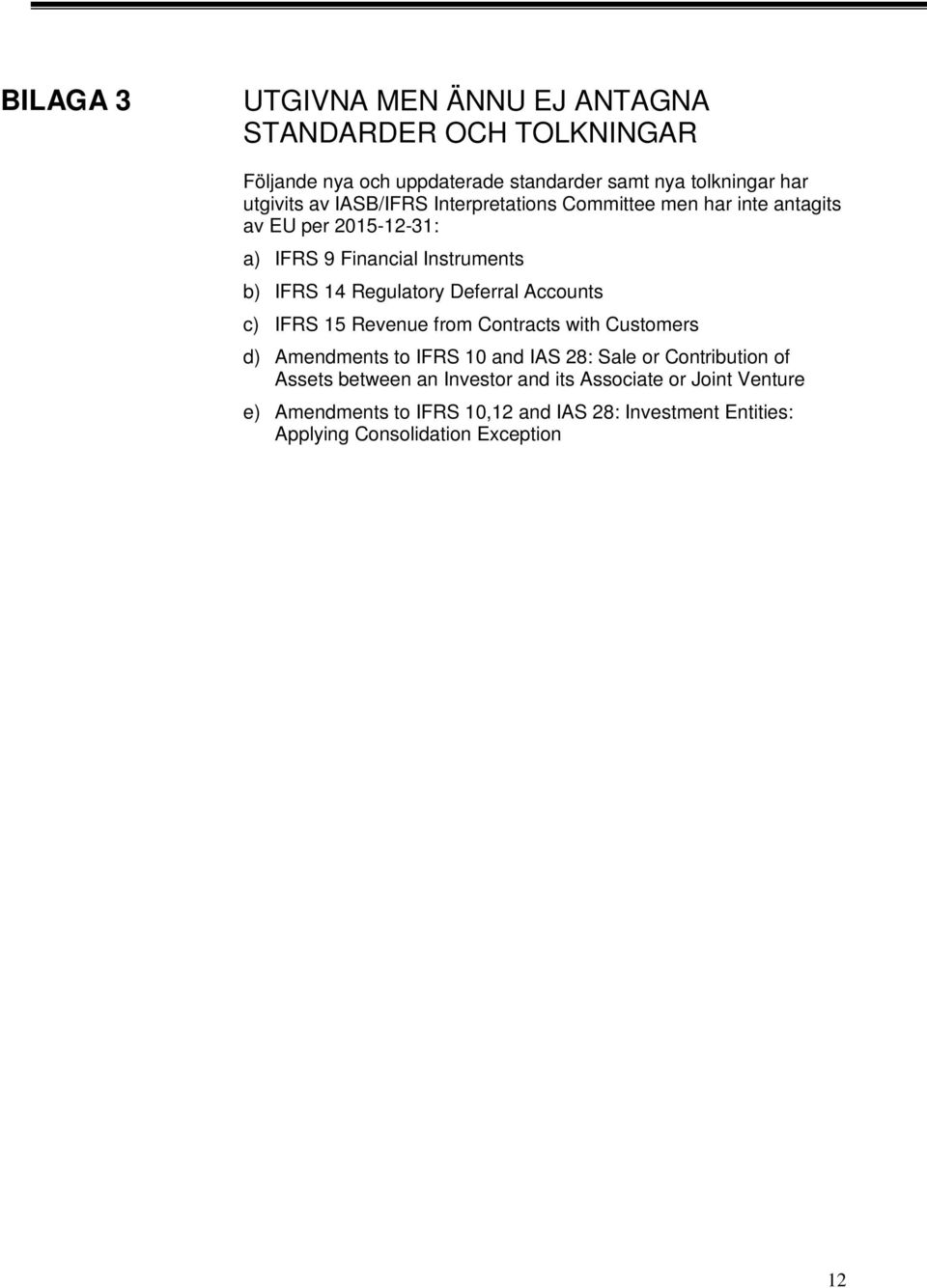 Deferral Accounts c) IFRS 15 Revenue from Contracts with Customers d) Amendments to IFRS 10 and IAS 28: Sale or Contribution of Assets