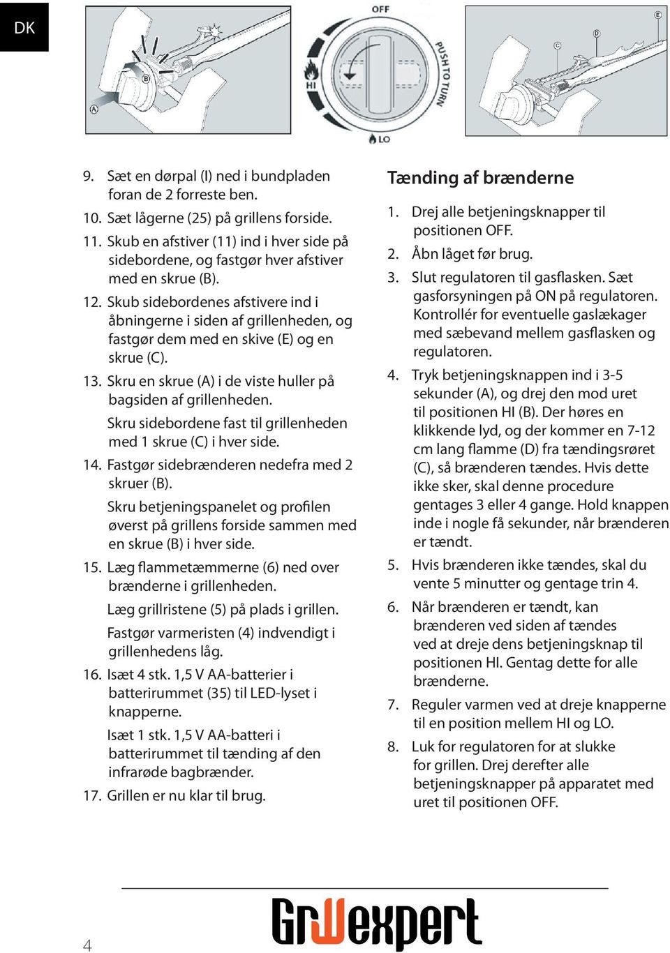 Skub sidebordenes afstivere ind i åbningerne i siden af grillenheden, og fastgør dem med en skive (E) og en skrue (C). 13. Skru en skrue (A) i de viste huller på bagsiden af grillenheden.