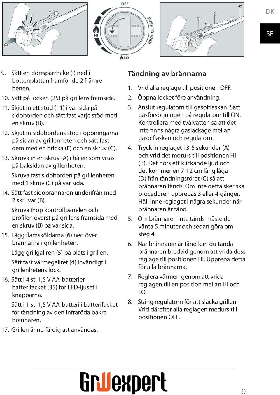 Skjut in sidobordens stöd i öppningarna på sidan av grillenheten och sätt fast dem med en bricka (E) och en skruv (C). 13. Skruva in en skruv (A) i hålen som visas på baksidan av gillenheten.