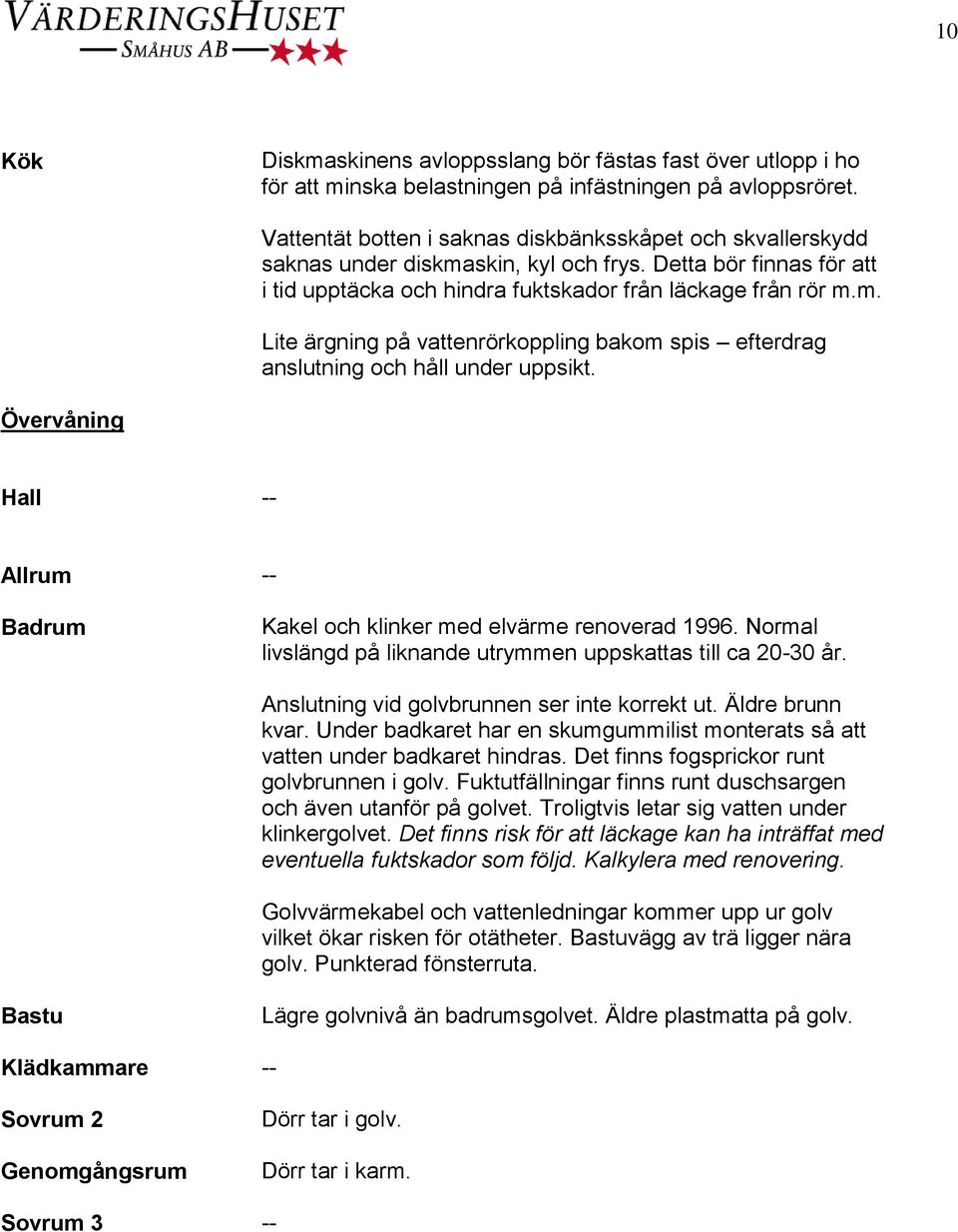Övervåning Hall -- Allrum -- Badrum Kakel och klinker med elvärme renoverad 1996. Normal livslängd på liknande utrymmen uppskattas till ca 20-30 år. Anslutning vid golvbrunnen ser inte korrekt ut.