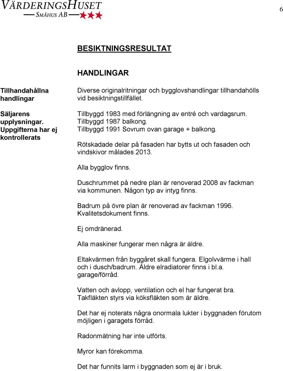 Tillbyggd 1987 balkong. Tillbyggd 1991 Sovrum ovan garage + balkong. Rötskadade delar på fasaden har bytts ut och fasaden och vindskivor målades 2013. Alla bygglov finns.