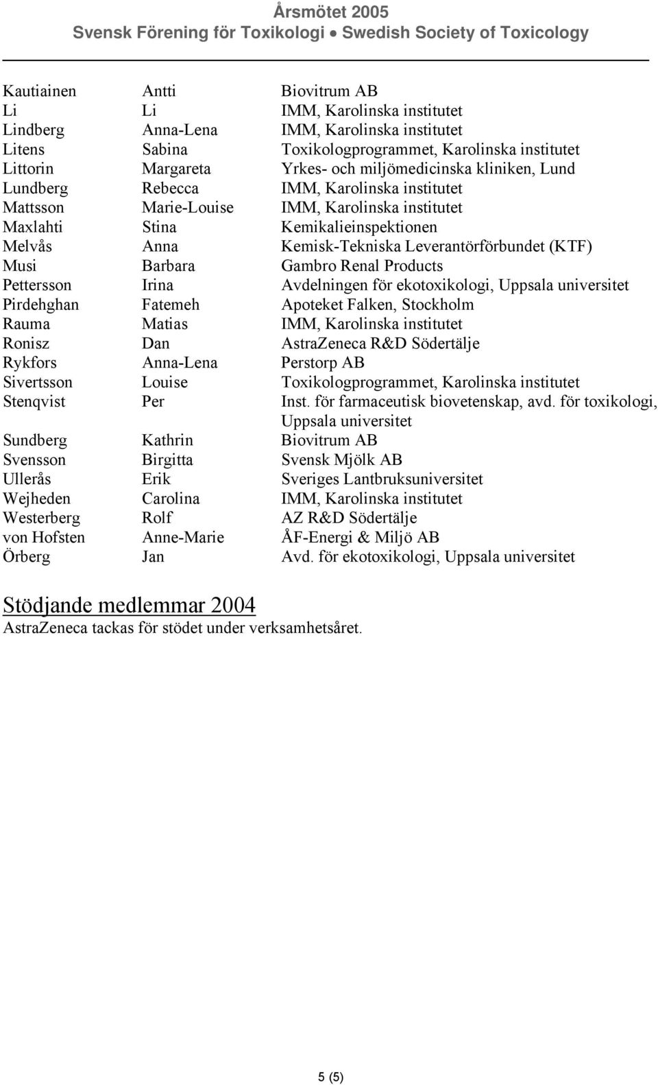 Leverantörförbundet (KTF) Musi Barbara Gambro Renal Products Pettersson Irina Avdelningen för ekotoxikologi, Uppsala universitet Pirdehghan Fatemeh Apoteket Falken, Stockholm Rauma Matias IMM,