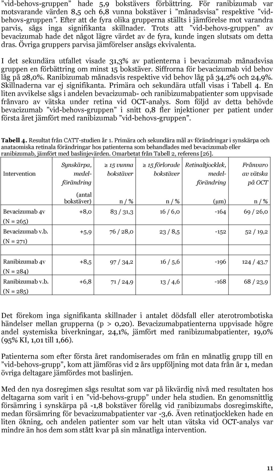 Trots att vid-behovs-gruppen av bevacizumab hade det något lägre värdet av de fyra, kunde ingen slutsats om detta dras. Övriga gruppers parvisa jämförelser ansågs ekvivalenta.