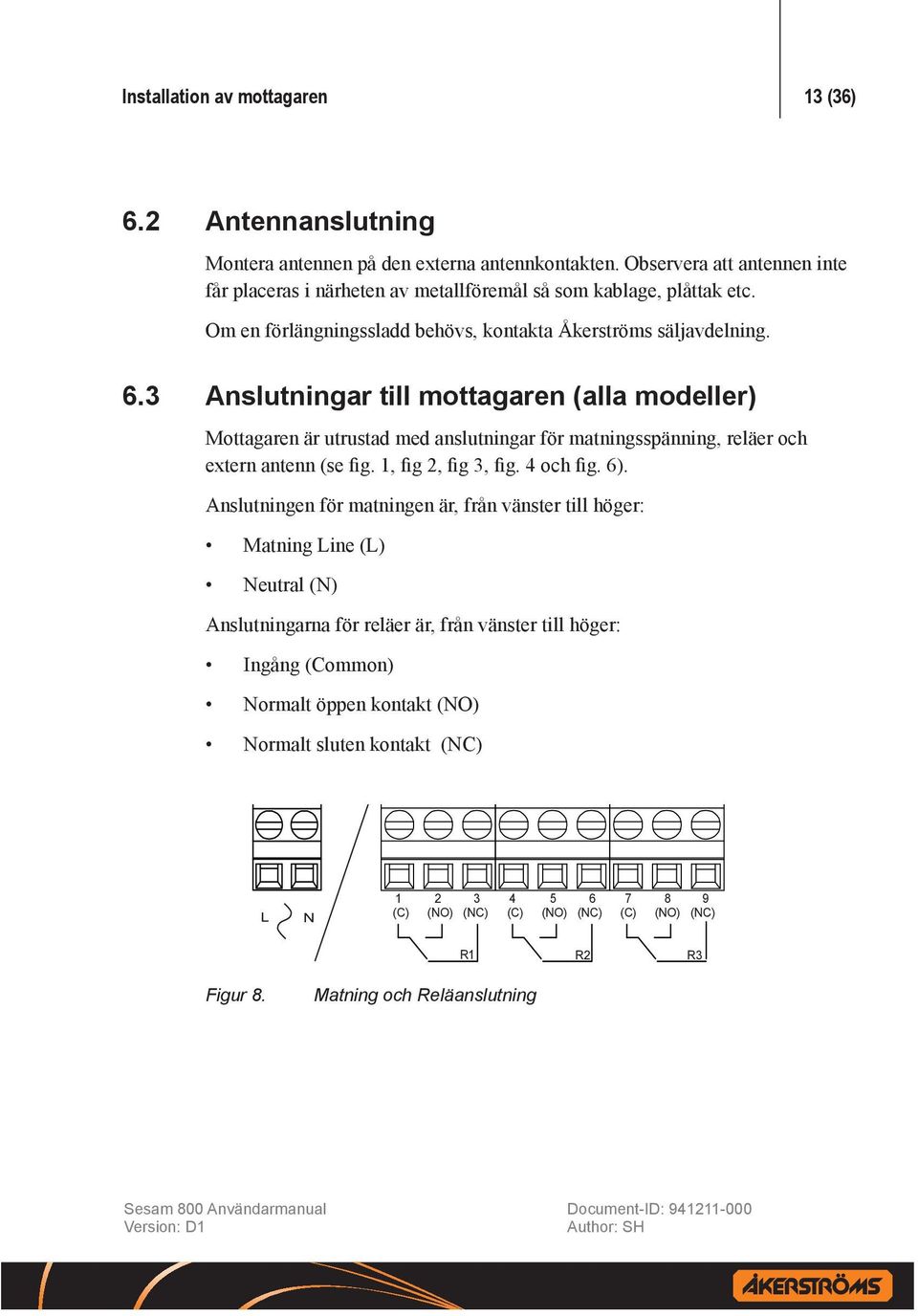 3 Anslutningar till mottagaren (alla modeller) Mottagaren är utrustad med anslutningar för matningsspänning, reläer och extern antenn (se fig. 1, fig 2, fig 3, fig. 4 och fig. 6).