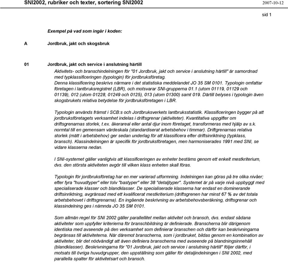 Typologin omfattar företagen i lantbruksregistret (LBR), och motsvarar SNI-grupperna 01.1 (utom 01119, 01129 och 01139), 012 (utom 01228, 01249 och 0125), 013 (utom 01300) samt 019.