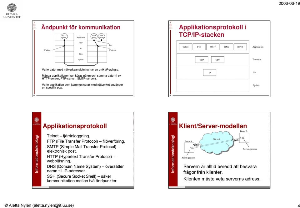 Varje applikation som kommunicerar med nätverket använder en specifik port. IP Nät Fysiskt 13 14 Applikationsprotokoll Telnet fjärrinloggning. FTP (File Transfer Protocol) filöverföring.