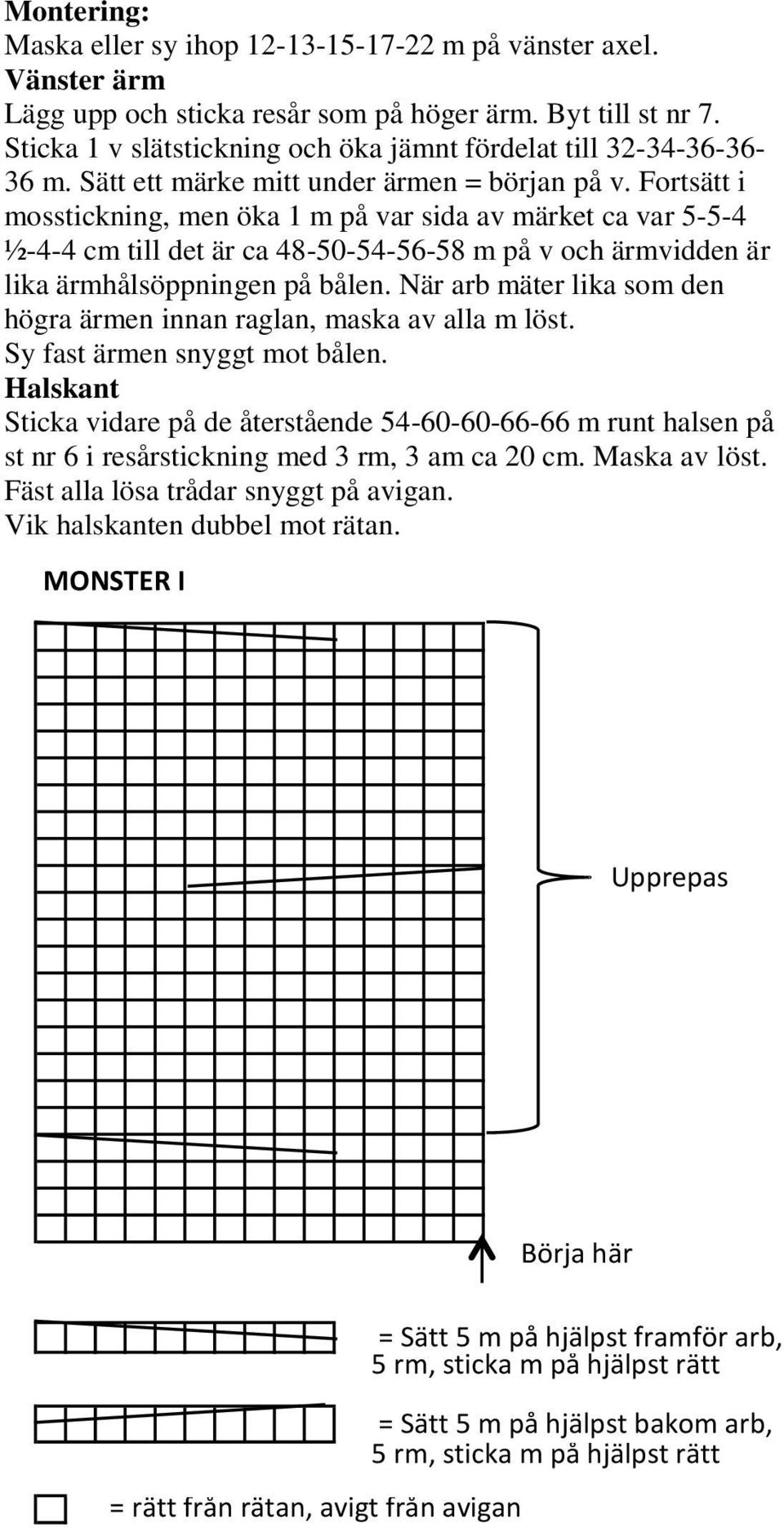 Fortsätt i mosstickning, men öka 1 m på var sida av märket ca var 5-5-4 ½-4-4 cm till det är ca 48-50-54-56-58 m på v och ärmvidden är lika ärmhålsöppningen på bålen.