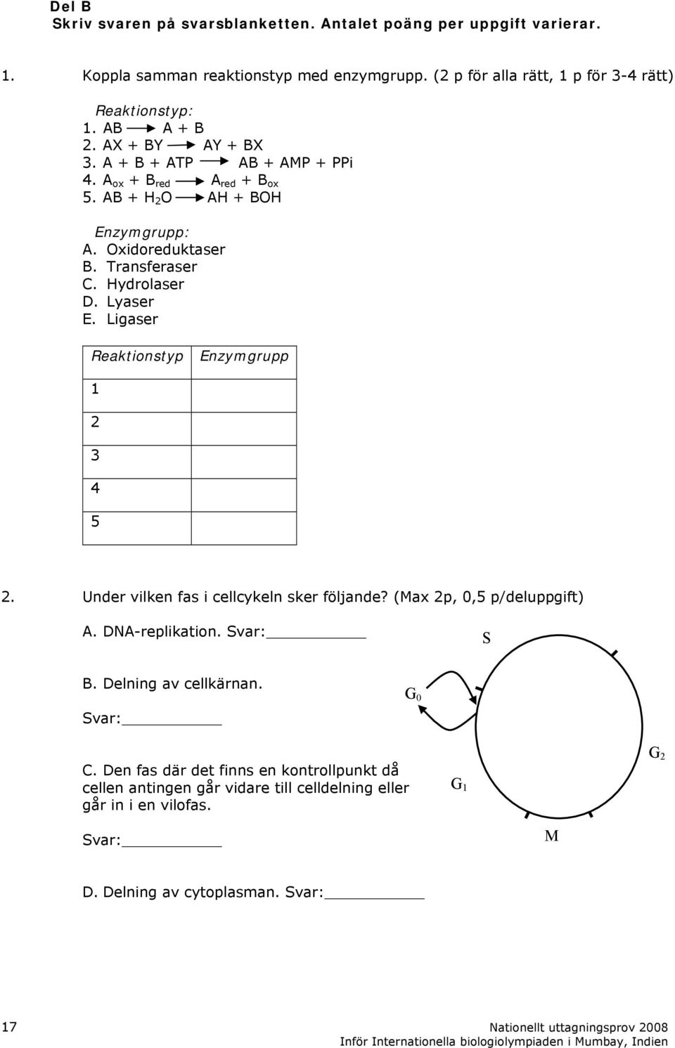 Lyaser E. Ligaser Reaktionstyp Enzymgrupp 1 2 3 4 5 2. Under vilken fas i cellcykeln sker följande? (Max 2p, 0,5 p/deluppgift) A. DNA-replikation. Svar: S B.