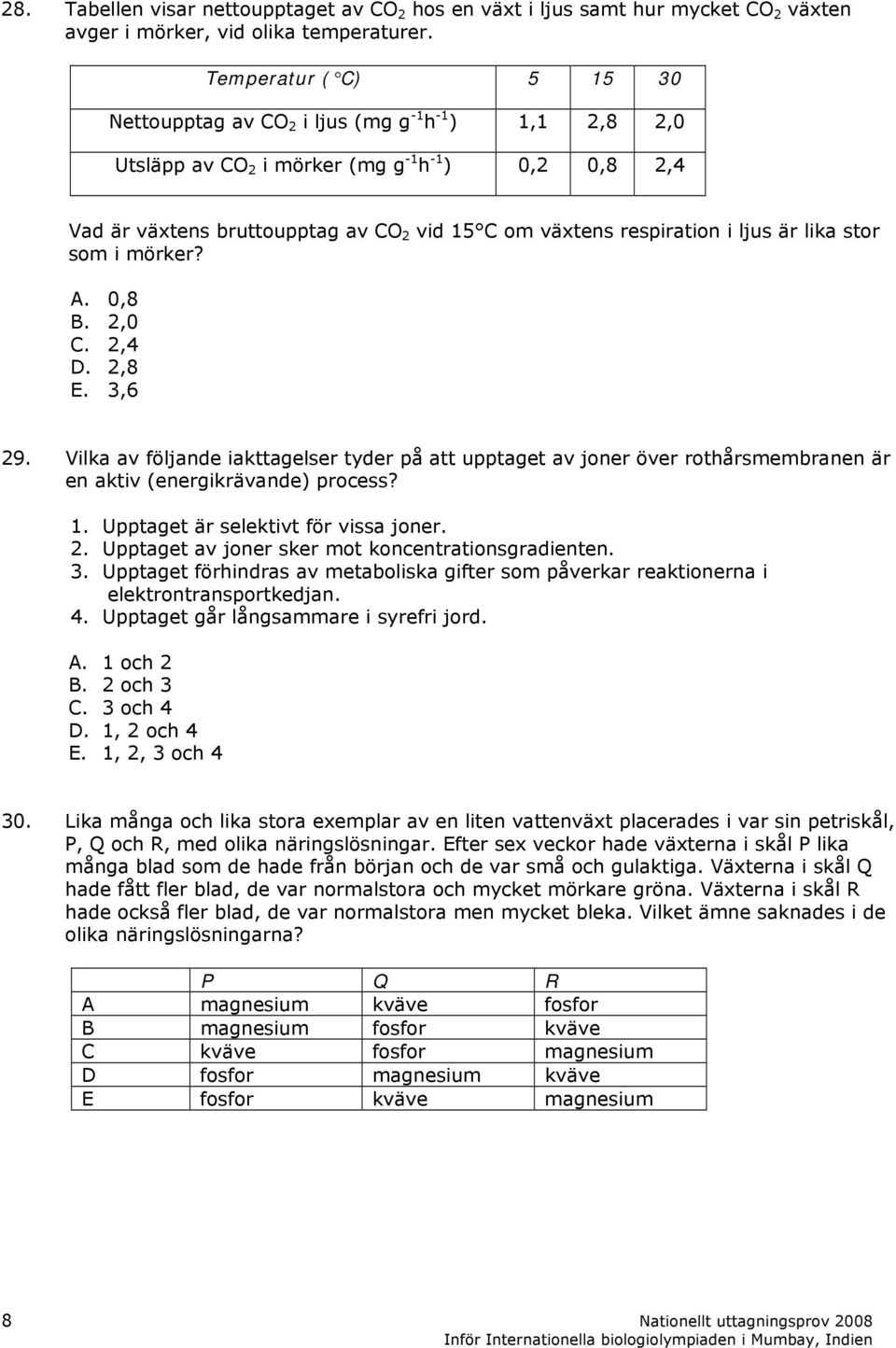 i ljus är lika stor som i mörker? A. 0,8 B. 2,0 C. 2,4 D. 2,8 E. 3,6 29. Vilka av följande iakttagelser tyder på att upptaget av joner över rothårsmembranen är en aktiv (energikrävande) process? 1.