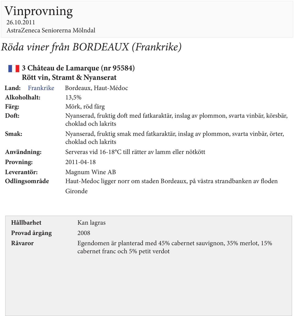 Användning: Serveras vid 16-18 C till rätter av lamm eller nötkött Provning: 2011-04-18 Leverantör: Magnum Wine AB Odlingsområde Haut-Medoc ligger norr om