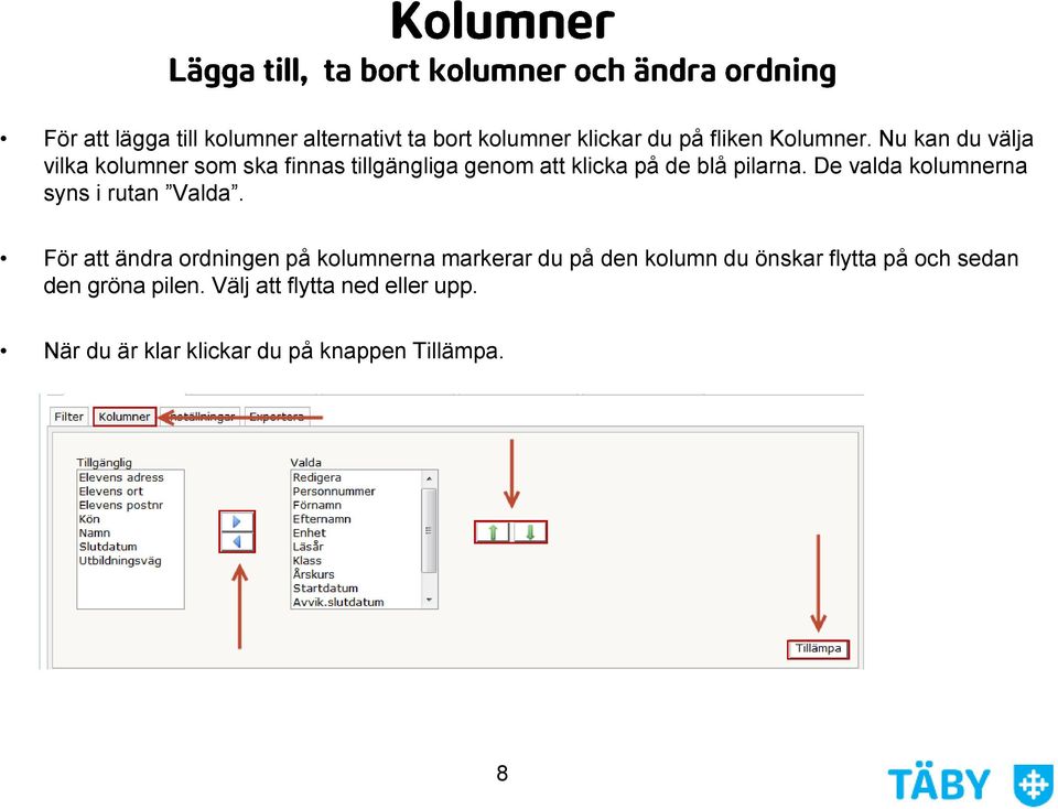 De valda kolumnerna syns i rutan Valda.