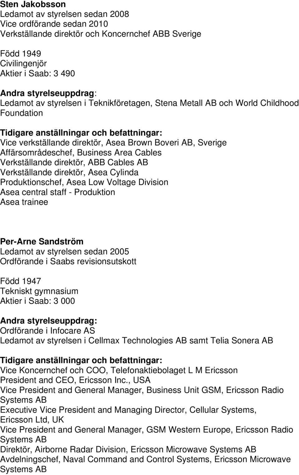 direktör, Asea Cylinda Produktionschef, Asea Low Voltage Division Asea central staff - Produktion Asea trainee Per-Arne Sandström Ledamot av styrelsen sedan 2005 Ordförande i Saabs revisionsutskott