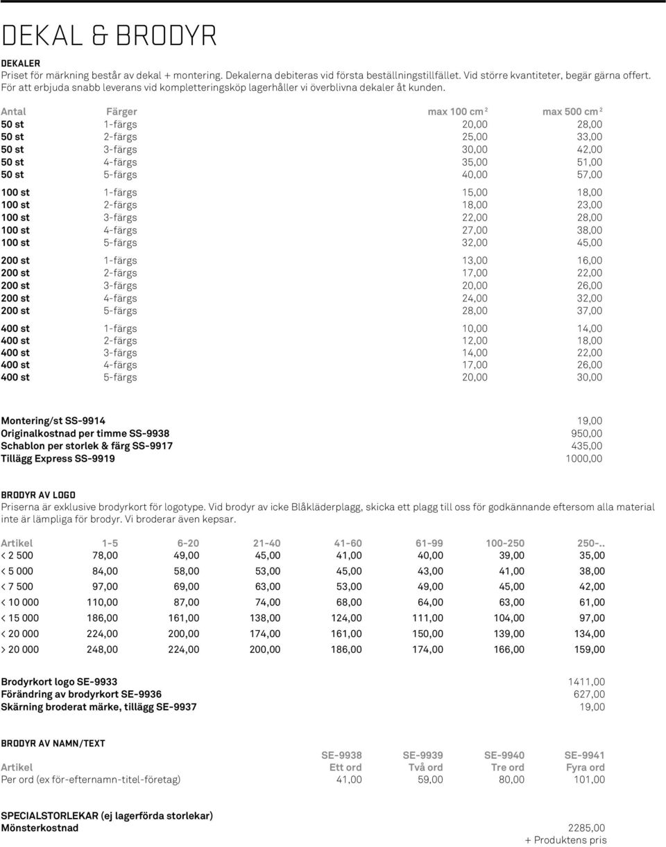 Antal Färger max 100 cm 2 max 500 cm 2 50 st 1-färgs 20,00 28,00 50 st 2-färgs 25,00 33,00 50 st 3-färgs 30,00 42,00 50 st 4-färgs 35,00 51,00 50 st 5-färgs 40,00 57,00 100 st 1-färgs 15,00 18,00 100