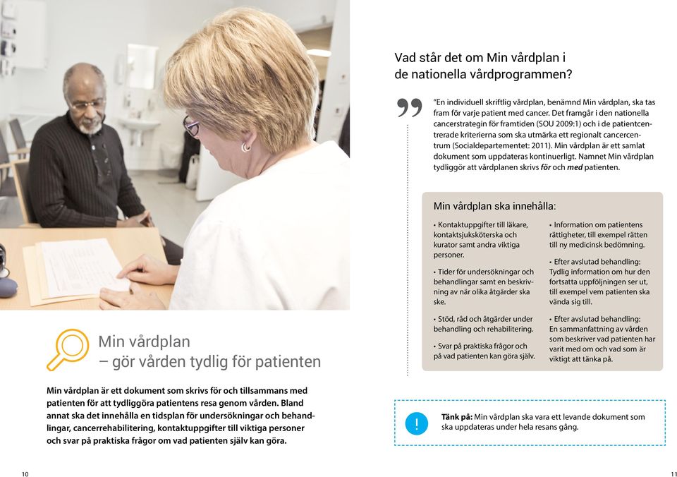 Min vårdplan är ett samlat dokument som uppdateras kontinuerligt. Namnet Min vårdplan tydliggör att vårdplanen skrivs för och med patienten.