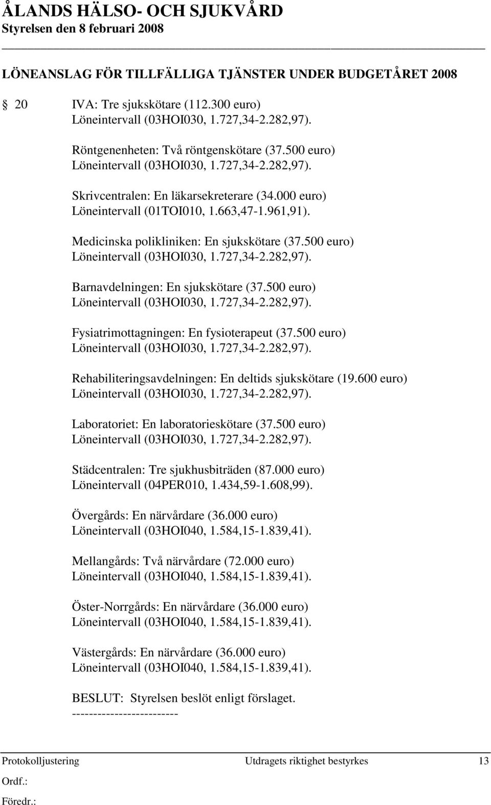 500 euro) Rehabiliteringsavdelningen: En deltids sjukskötare (19.600 euro) Laboratoriet: En laboratorieskötare (37.500 euro) Städcentralen: Tre sjukhusbiträden (87.