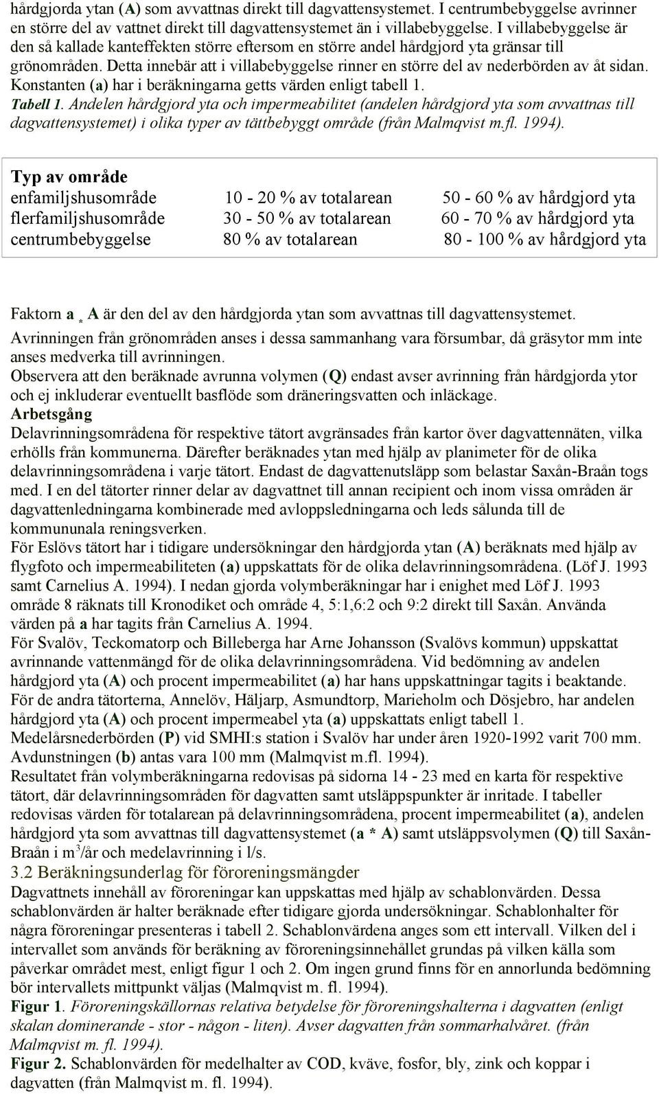 Detta innebär att i villabebyggelse rinner en större del av nederbörden av åt sidan. Konstanten (a) har i beräkningarna getts värden enligt tabell 1. Tabell 1.