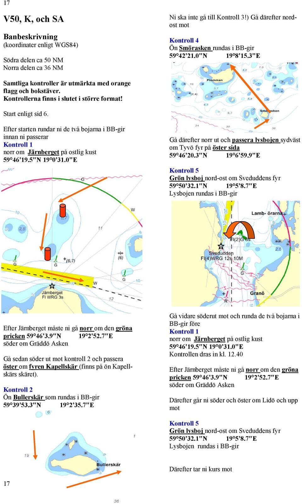 Start enligt sid 6. Efter starten rundar ni de två bojarna i BB-gir innan ni passerar Kontroll 1 norr om Järnberget på ostlig kust 59 46'19.5"N 19 0'31.