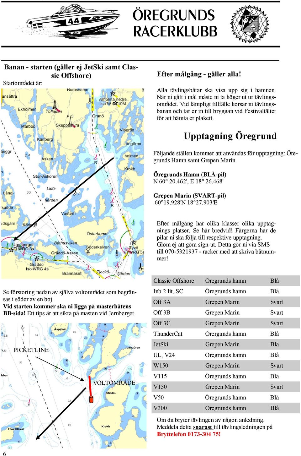 Upptagning Öregrund Följande ställen kommer att användas för upptagning: Öregrunds Hamn samt Grepen Marin. Öregrunds Hamn (BLÅ-pil) N 60 20.462', E 18 26.468' Grepen Marin (SVART-pil) 60 19.