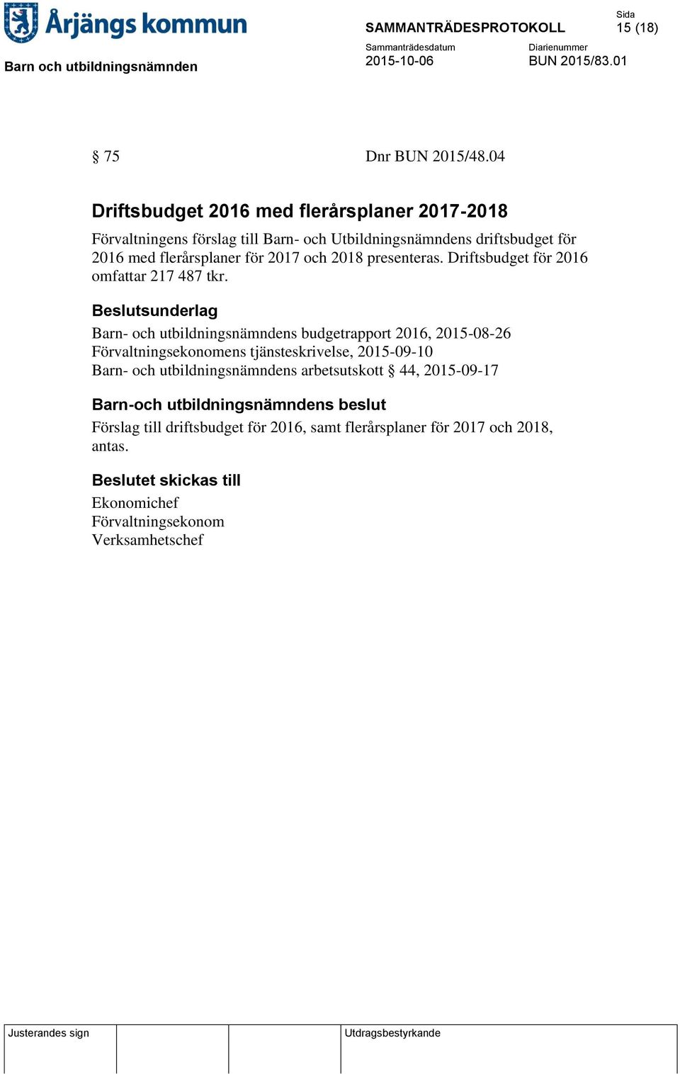 flerårsplaner för 2017 och 2018 presenteras. Driftsbudget för 2016 omfattar 217 487 tkr.