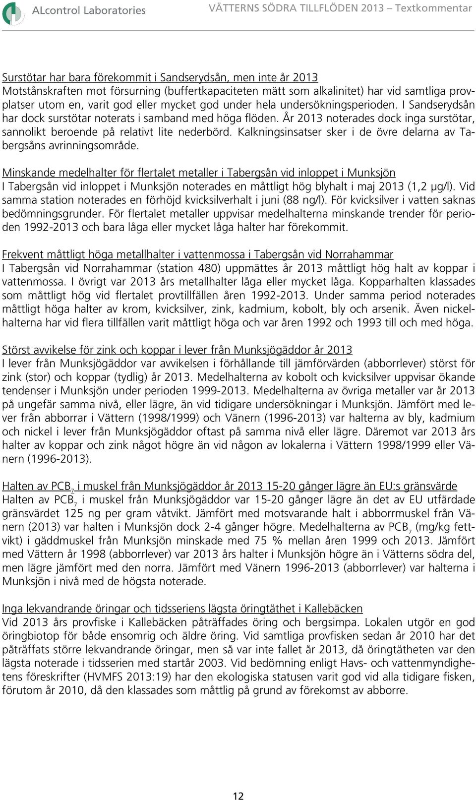 År 213 noterades dock inga surstötar, sannolikt beroende på relativt lite nederbörd. Kalkningsinsatser sker i de övre delarna av Tabergsåns avrinningsområde.