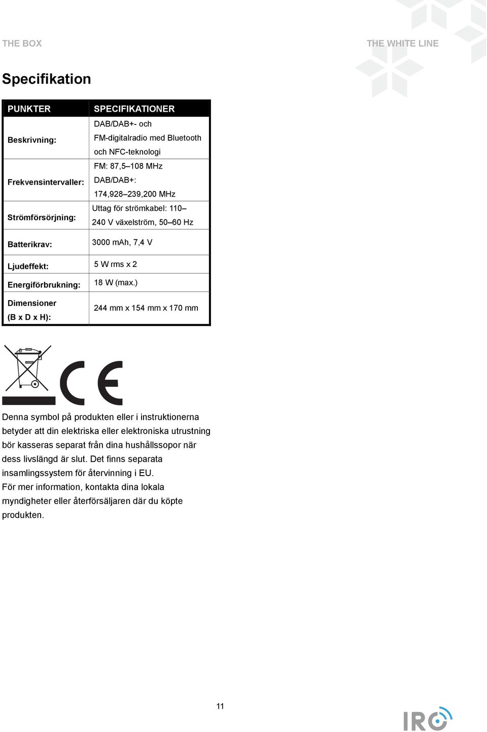 ) 244 mm x 154 mm x 170 mm Denna symbol på produkten eller i instruktionerna betyder att din elektriska eller elektroniska utrustning bör kasseras separat från dina hushållssopor