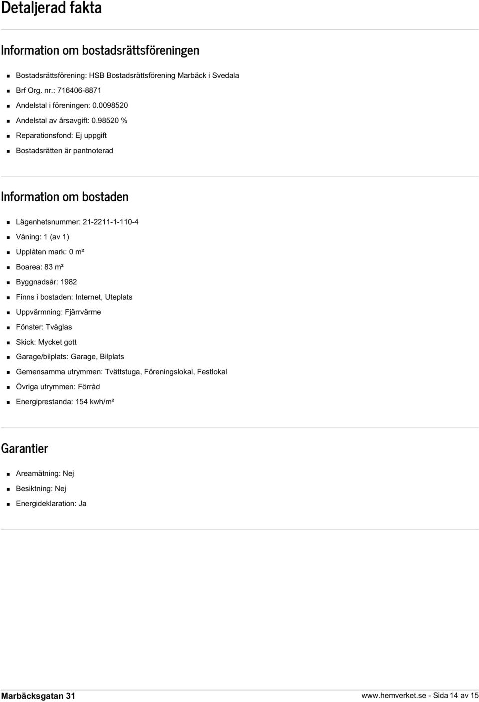 98520 % Reparationsfond: Ej uppgift Bostadsrätten är pantnoterad Information om bostaden Lägenhetsnummer: 21-2211-1-110-4 Våning: 1 (av 1) Upplåten mark: 0 m² Boarea: 83 m²