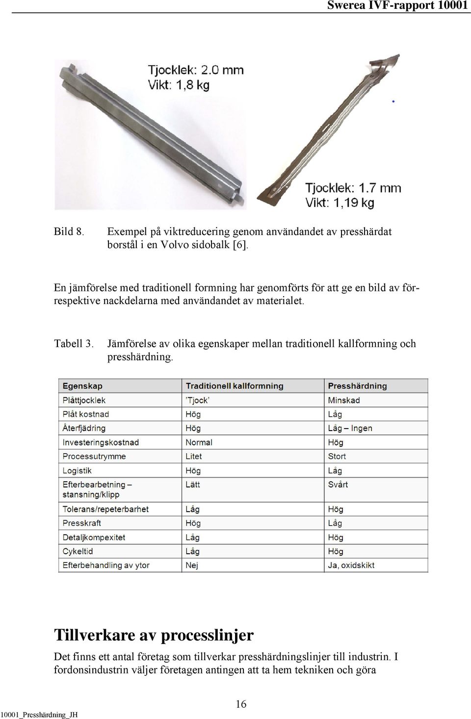 materialet. Tabell 3. Jämförelse av olika egenskaper mellan traditionell kallformning och presshärdning.