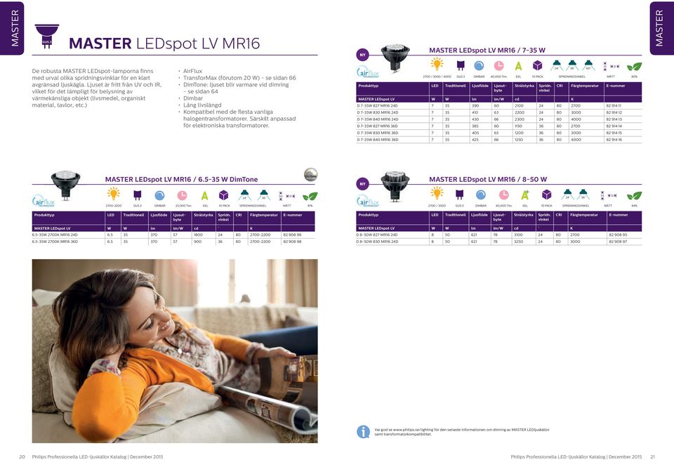 ) AirFlux TransforMax (förutom 20 W) - se sidan 66 DimTone: ljuset blir varmare vid dimring - se sidan 64 Dimbar Lång livslängd Kompatibel med de flesta vanliga halogentransformatorer.