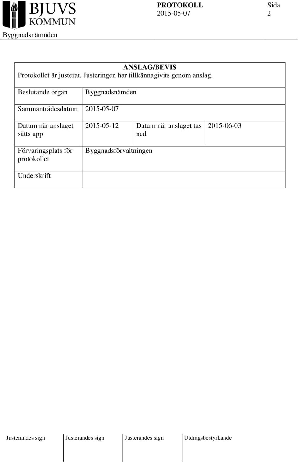 ande organ Byggnadsnämden Sammanträdesdatum Datum när anslaget sätts