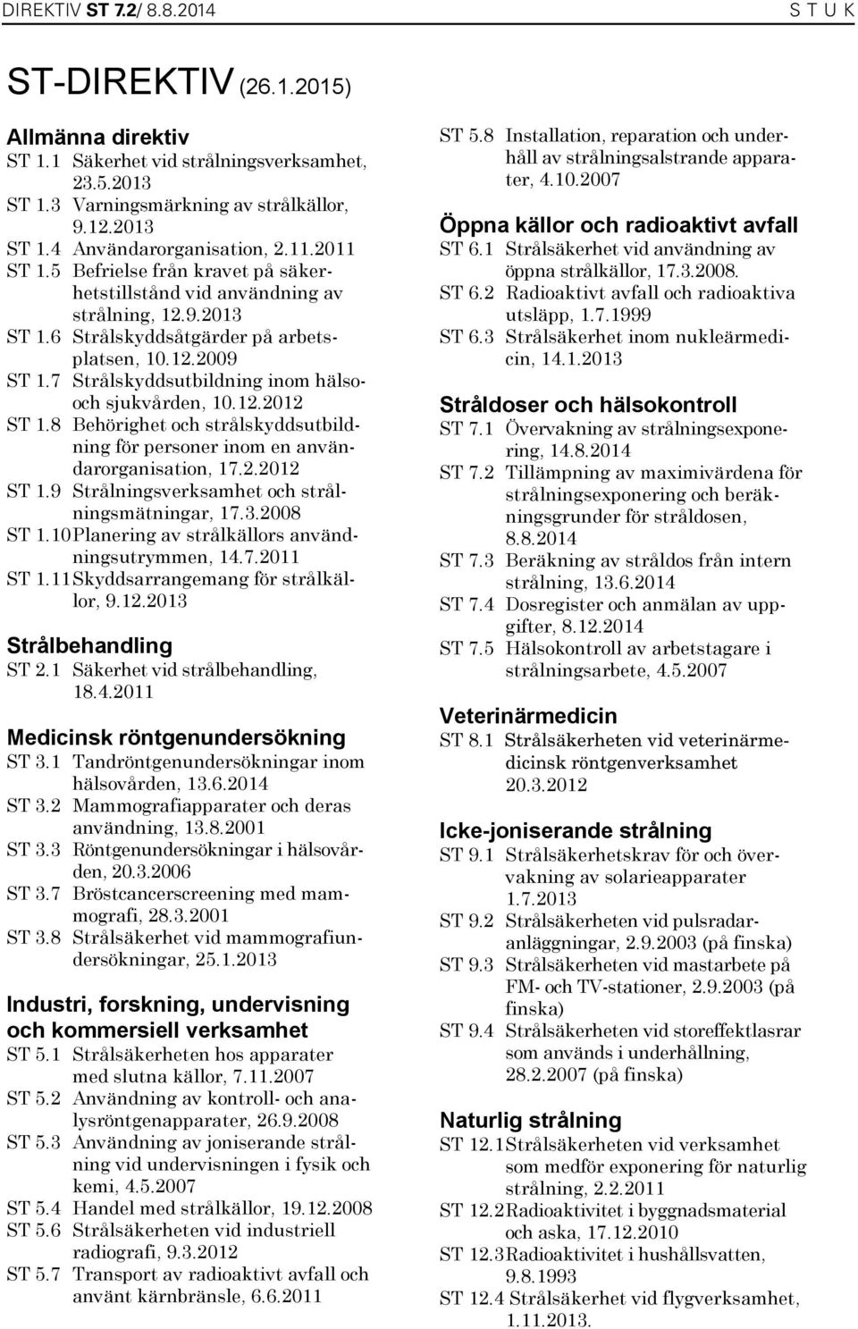 7 Strålskyddsutbildning inom hälsooch sjukvården, 10.12.2012 ST 1.8 Behörighet och strålskyddsutbildning för personer inom en användarorganisation, 17.2.2012 ST 1.9 Strålningsverksamhet och strålningsmätningar, 17.