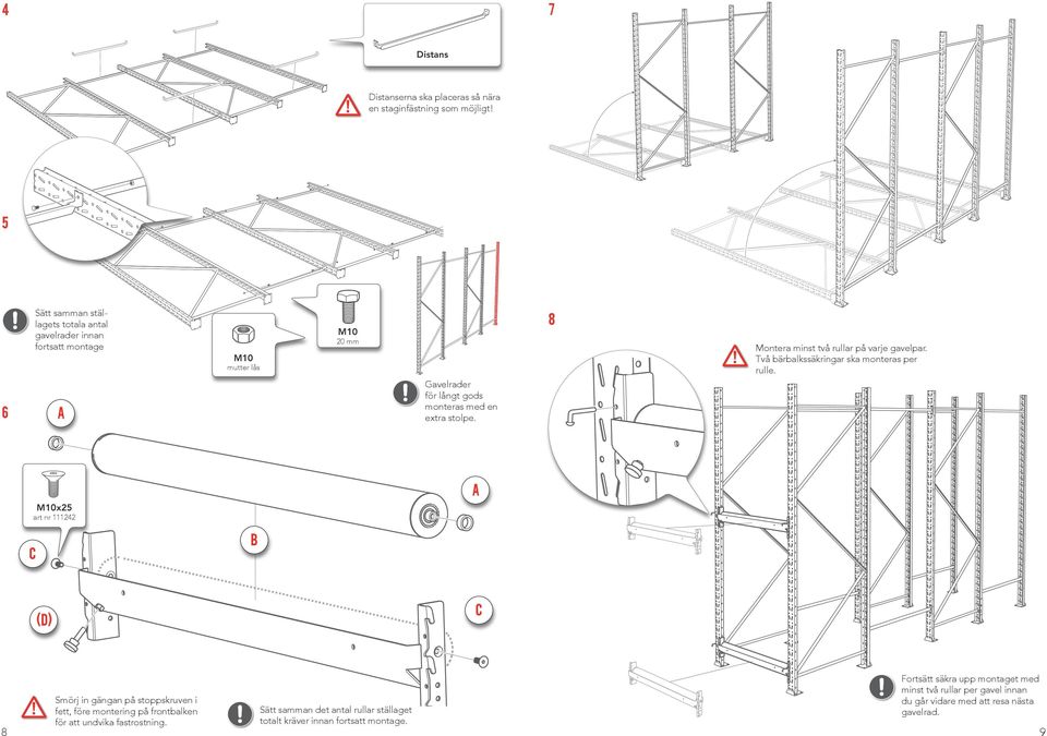 Två bärbalkssäkringar ska monteras per rulle. M0 mutter lås 6 Gavelrader för långt gods monteras med en extra stolpe.