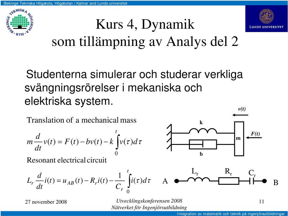 Translation of Resonant electrical circuit L r d dt i( t) = u AB a mechanical mass