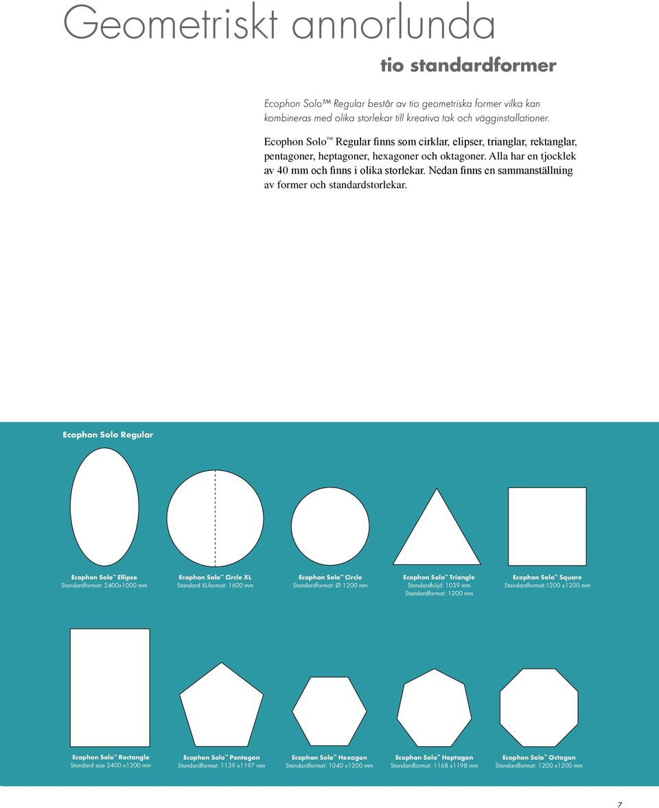 Nedan finns en sammanställning av former och standardstorlekar.