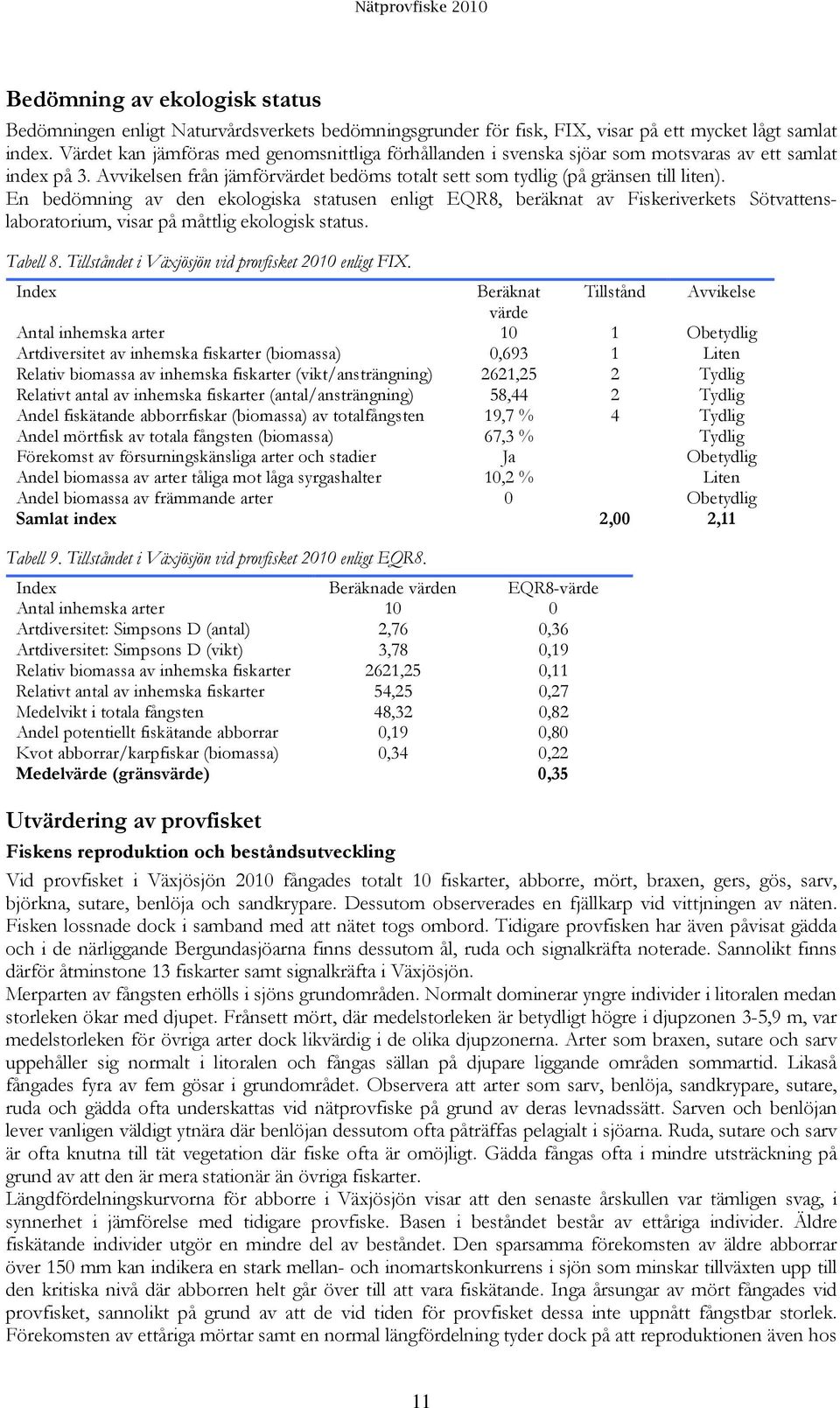 En bedömning av den ekologiska statusen enligt EQR8, beräknat av Fiskeriverkets Sötvattenslaboratorium, visar på måttlig ekologisk status. Tabell 8.