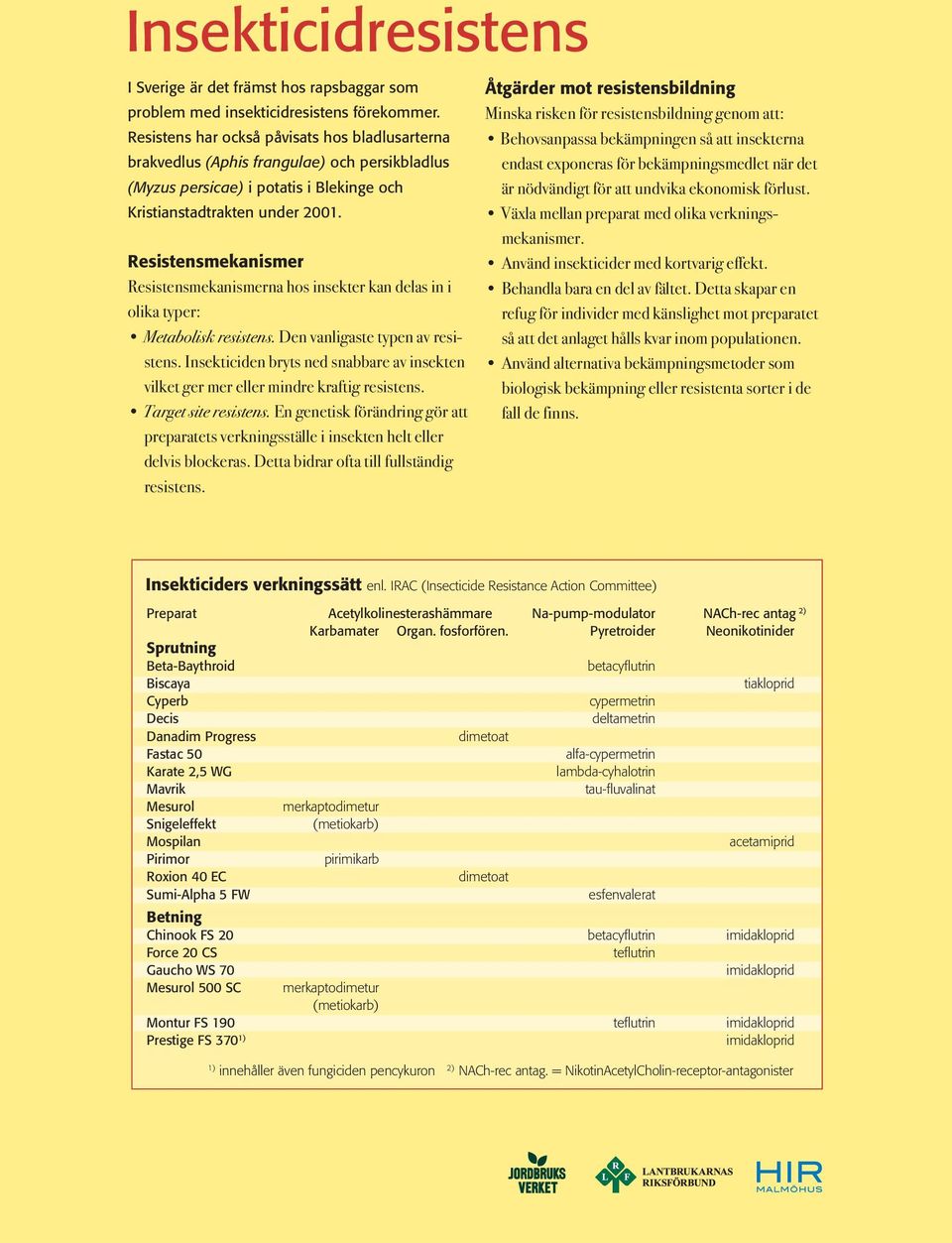 Resistensmekanismer Resistensmekanismerna hos insekter kan delas in i olika typer: Metabolisk resistens. Den vanligaste typen av resistens.