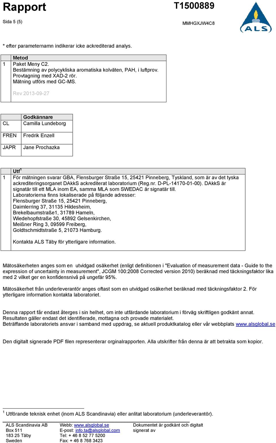 Rev 2013-09-27 CL FREN JAPR Godkännare Camilla Lundeborg Fredrik Enzell Jane Prochazka Utf 1 1 För mätningen svarar GBA, Flensburger Straße 15, 25421 Pinneberg, Tyskland, som är av det tyska