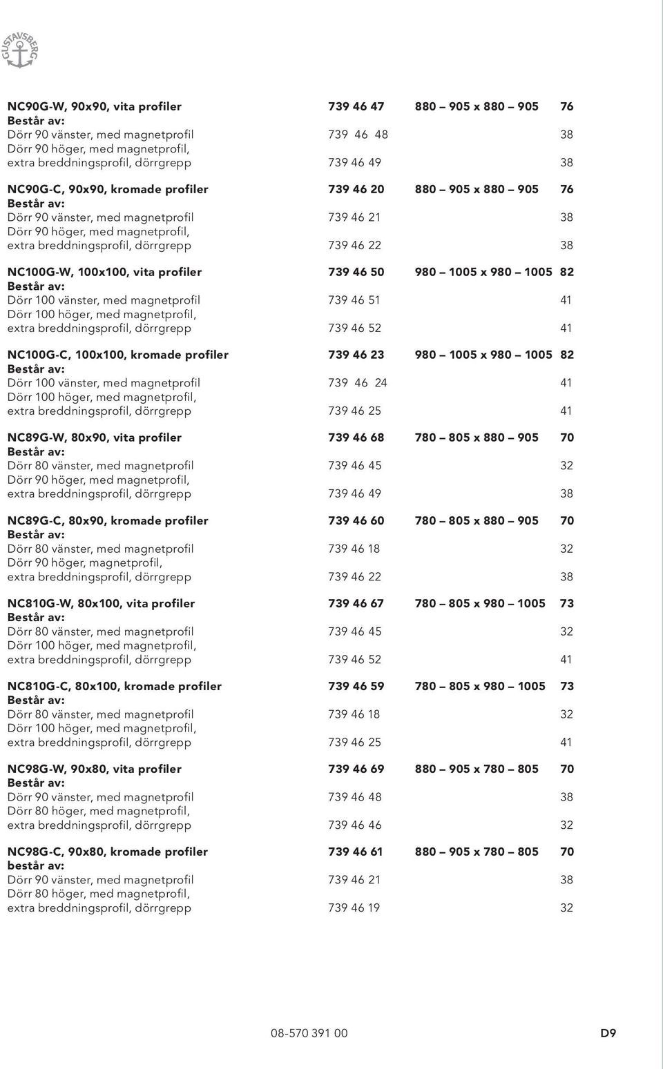 100x100, vita profiler 739 46 50 980 1005 x 980 1005 82 Dörr 100 vänster, med magnetprofil 739 46 51 41 Dörr 100 höger, med magnetprofil, extra breddningsprofil, dörrgrepp 739 46 52 41 NC100G-C,