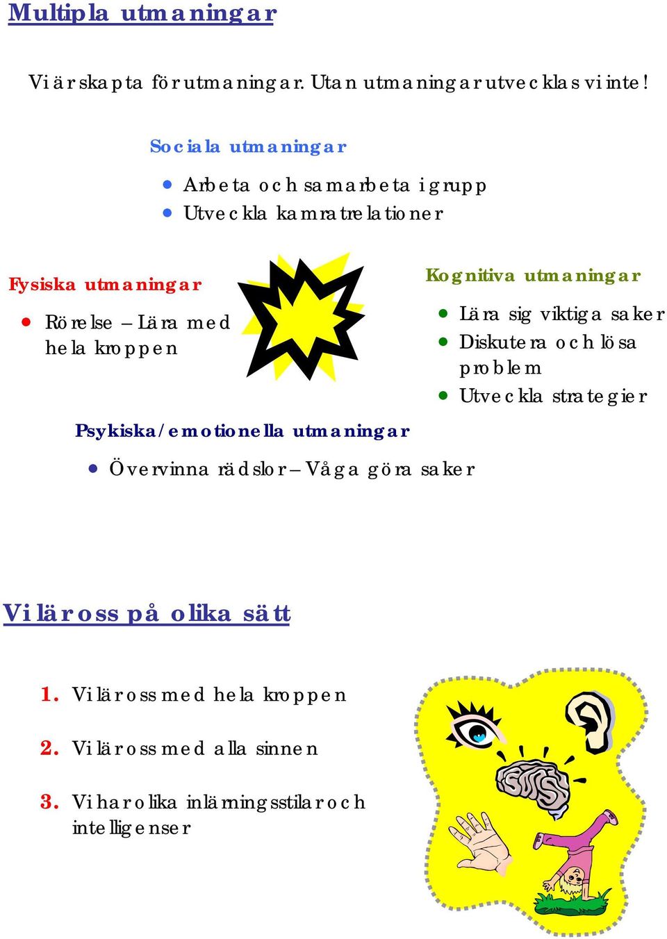 Psykiska/emotionella utmaningar Övervinna rädslor Våga göra saker Kognitiva utmaningar Lära sig viktiga saker Diskutera och