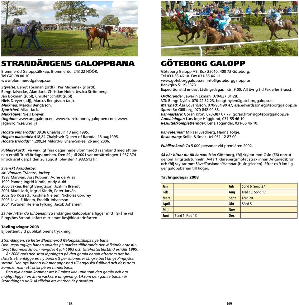 Bengtsson (adj). Marknad: Marcus Bengtsson. Sportchef: Allan Jack. Markägare: Niels Dreyer. Ungdom: www.unggalopp.nu, www.skanskaponnygaloppen.com, www. jagersro.m.se/ung_ja Högsta vinnarodds: 39,36 Chalybsvir, 13 aug 1995.