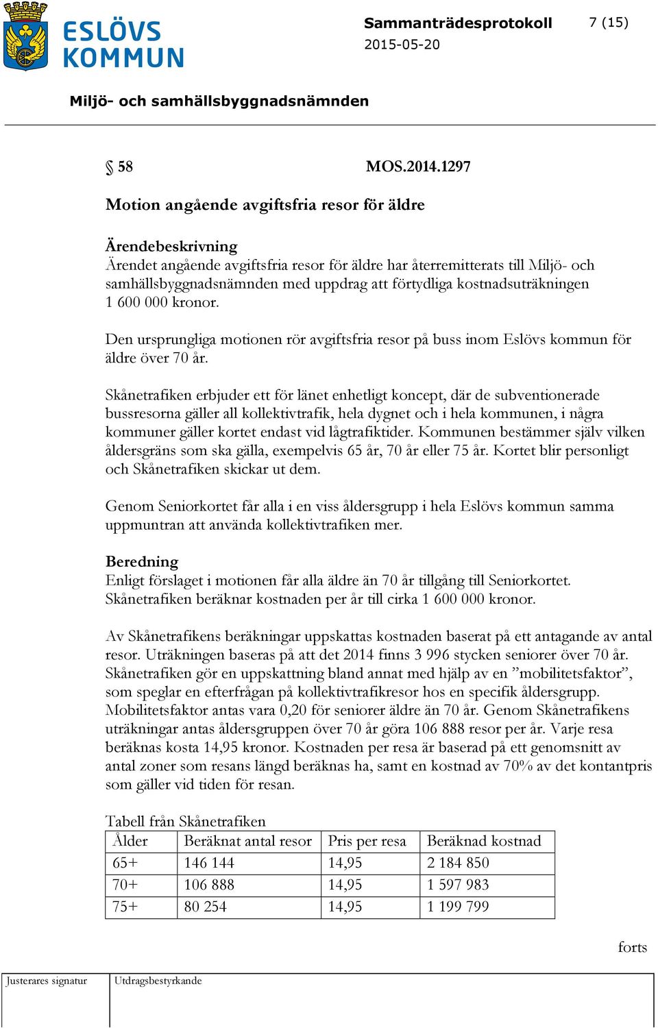 kostnadsuträkningen 1 600 000 kronor. Den ursprungliga motionen rör avgiftsfria resor på buss inom Eslövs kommun för äldre över 70 år.