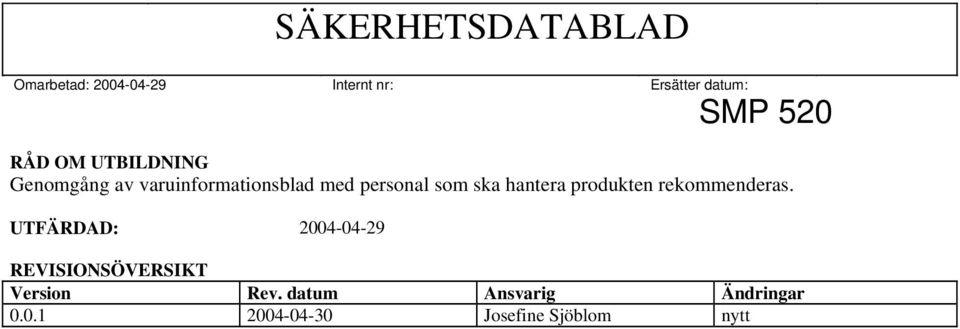 UTFÄRDAD: 2004-04-29 REVISIONSÖVERSIKT Version 0.0.1 Rev.