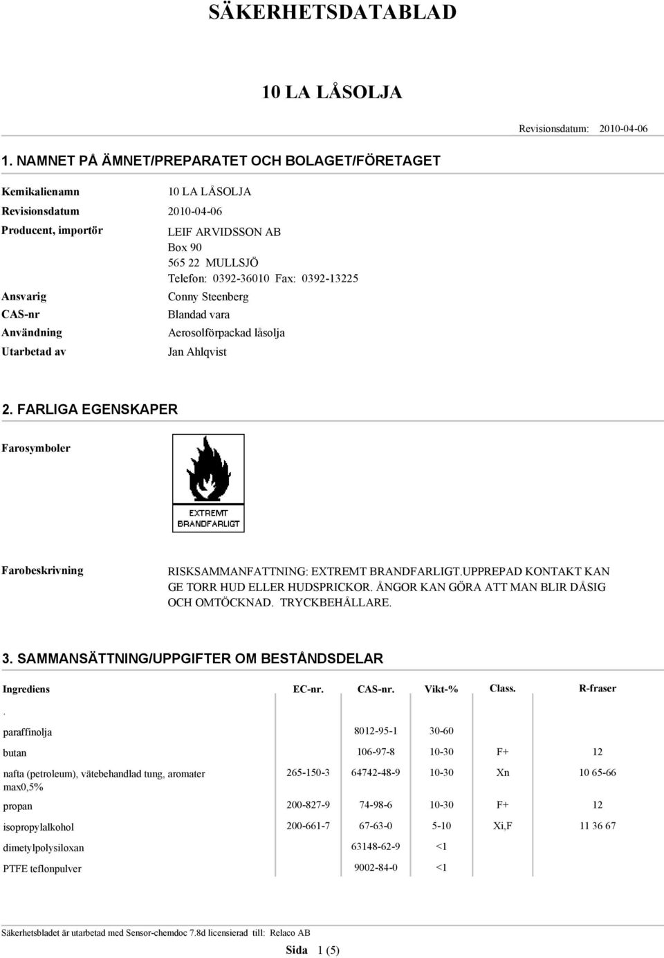 0392-36010 Fax: 0392-13225 Conny Steenberg Blandad vara Aerosolförpackad låsolja Jan Ahlqvist 2. FARLIGA EGENSKAPER Farosymboler Farobeskrivning RISKSAMMANFATTNING: EXTREMT BRANDFARLIGT.