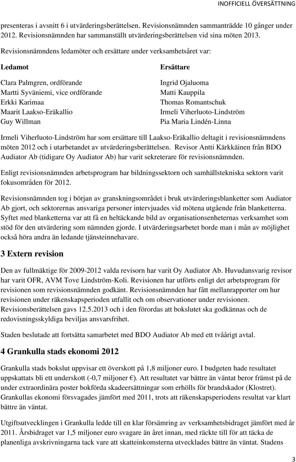 Ingrid Ojaluoma Matti Kauppila Thomas Romantschuk Irmeli Viherluoto-Lindström Pia Maria Lindén-Linna Irmeli Viherluoto-Lindström har som ersättare till Laakso-Eräkallio deltagit i revisionsnämndens