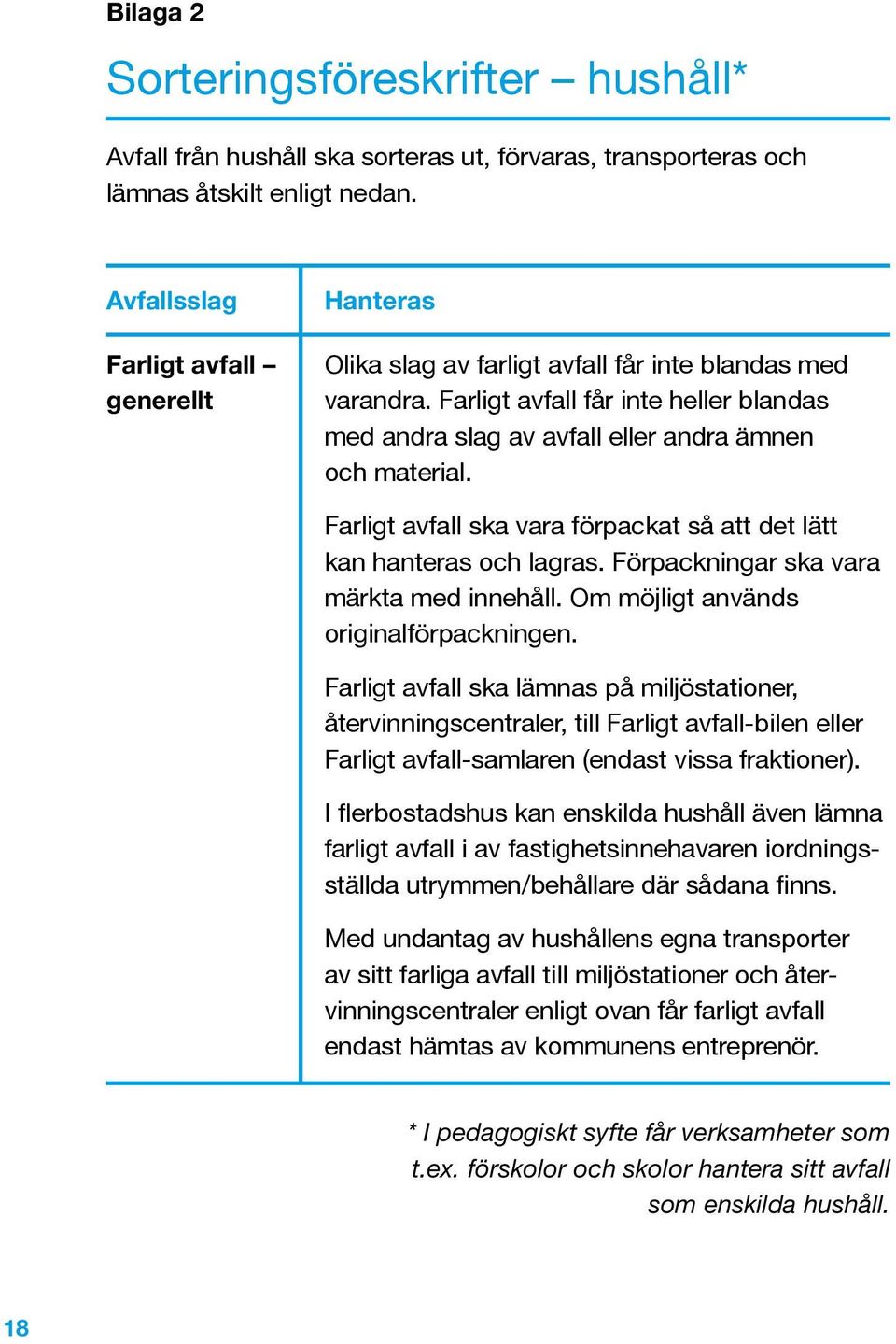 Farligt avfall får inte heller blandas med andra slag av avfall eller andra ämnen och material. Farligt avfall ska vara förpackat så att det lätt kan hanteras och lagras.