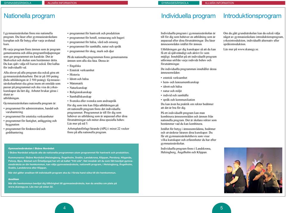 På varje program finns ämnen som är program gemensamma och olika programfördjupningar som ger programmet sin karaktär. Det är Skolverket och skolan som bestämmer detta.