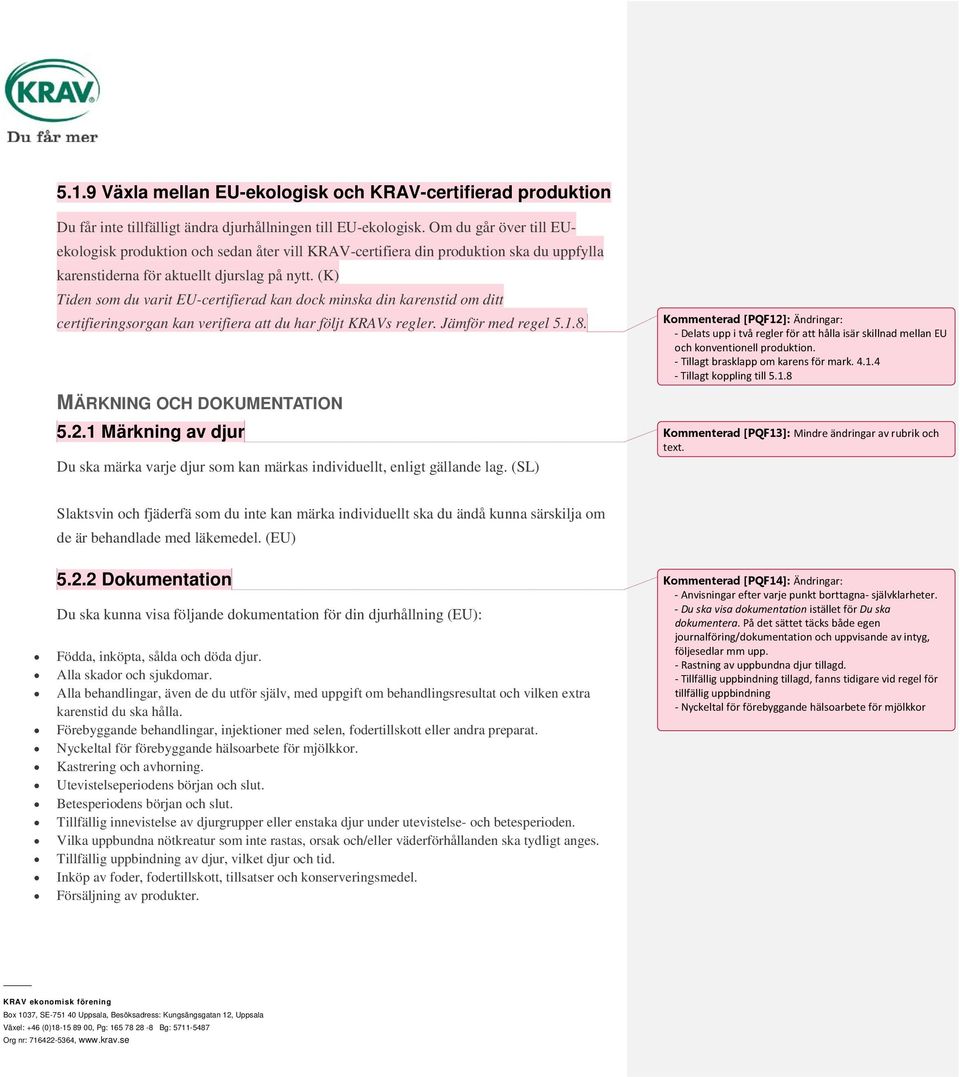 (K) Tiden som du varit EU-certifierad kan dock minska din karenstid om ditt certifieringsorgan kan verifiera att du har följt KRAVs regler. Jämför med regel 5.1.8. MÄRKNING OCH DOKUMENTATION 5.2.