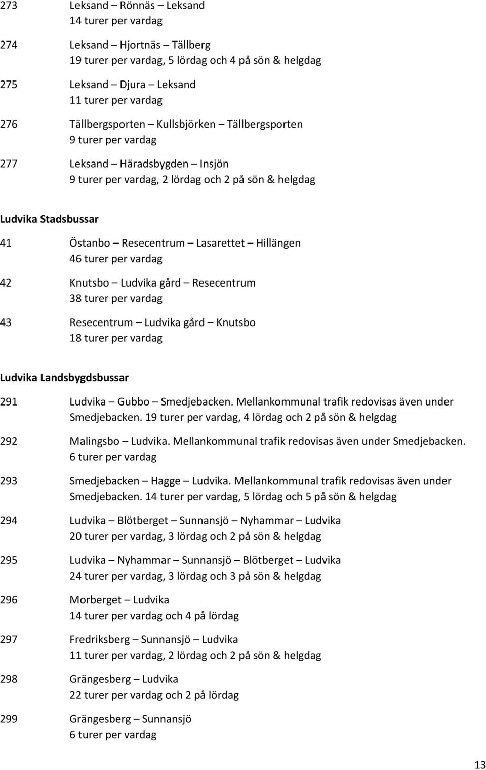 turer per vardag 42 Knutsbo Ludvika gård Resecentrum 38 turer per vardag 43 Resecentrum Ludvika gård Knutsbo 18 turer per vardag Ludvika Landsbygdsbussar 291 Ludvika Gubbo Smedjebacken.