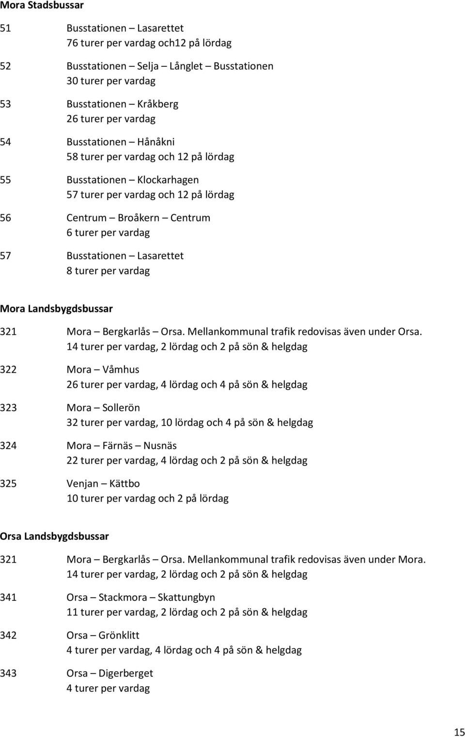 turer per vardag Mora Landsbygdsbussar 321 Mora Bergkarlås Orsa. Mellankommunal trafik redovisas även under Orsa.